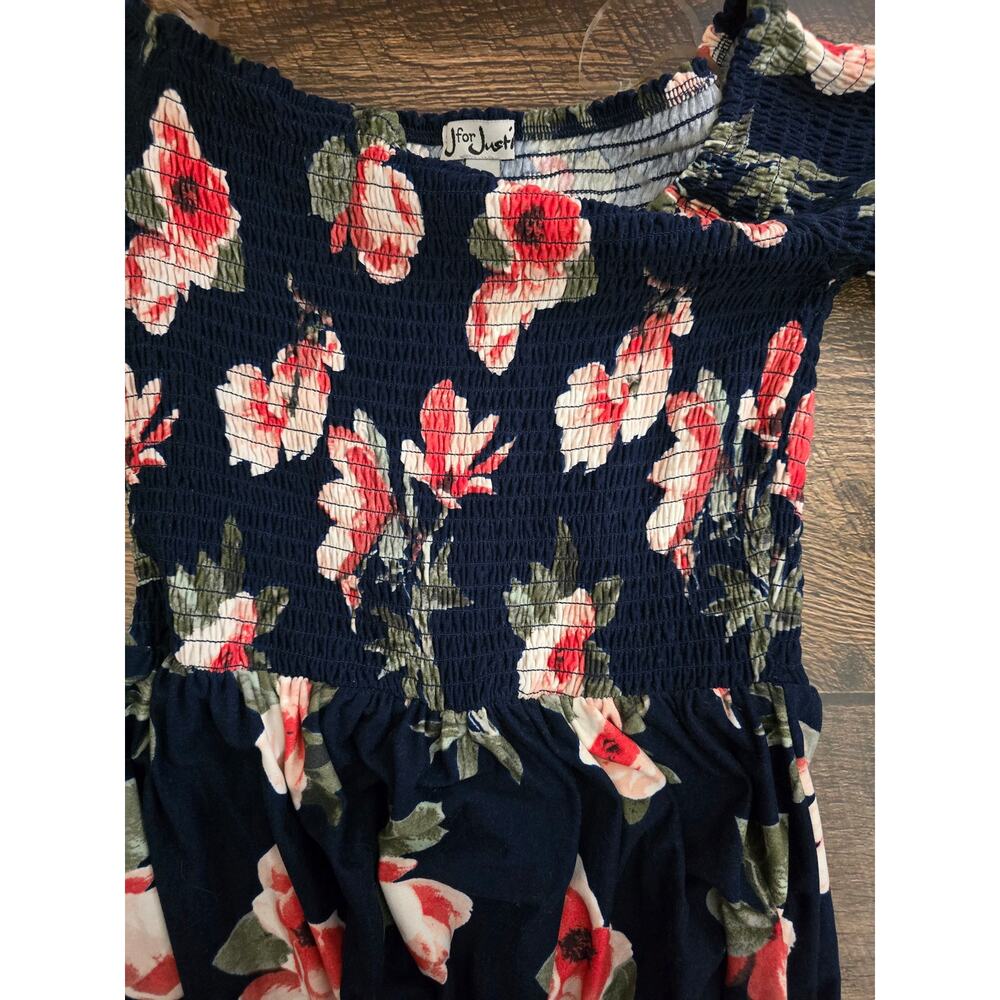 J for Just! Women's Navy Coral Floral Smocked Long Bishop Sleeve Mini Dress med - Picture 6 of 9